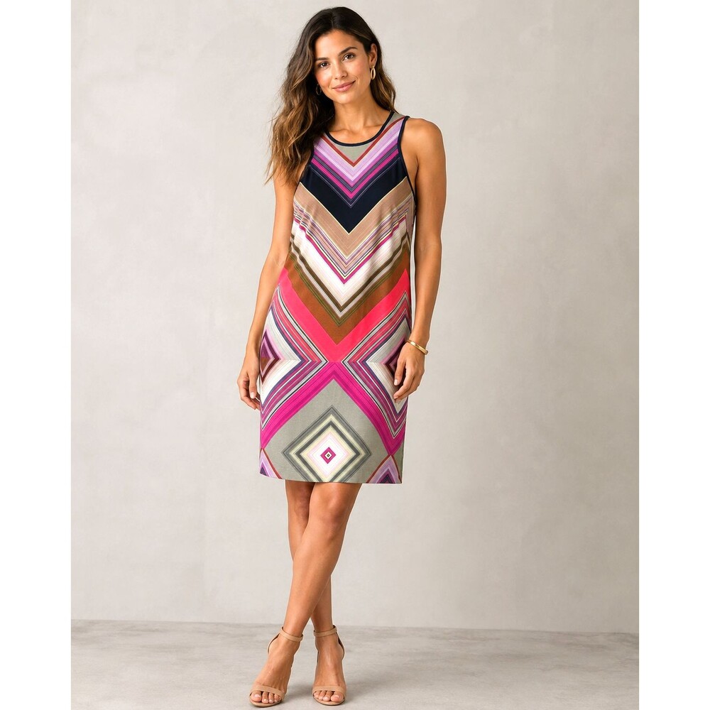 Trina Turk Trinidad Dress Womens Sz 8 Geometric Chevron Sleeveless Shift 1469H5